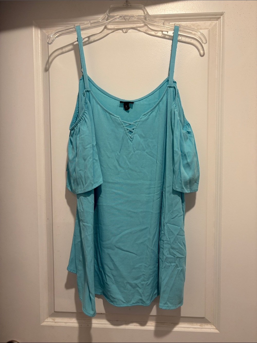 torrid Light Aqua Cold-Shoulder Tank with Crisscross Neck